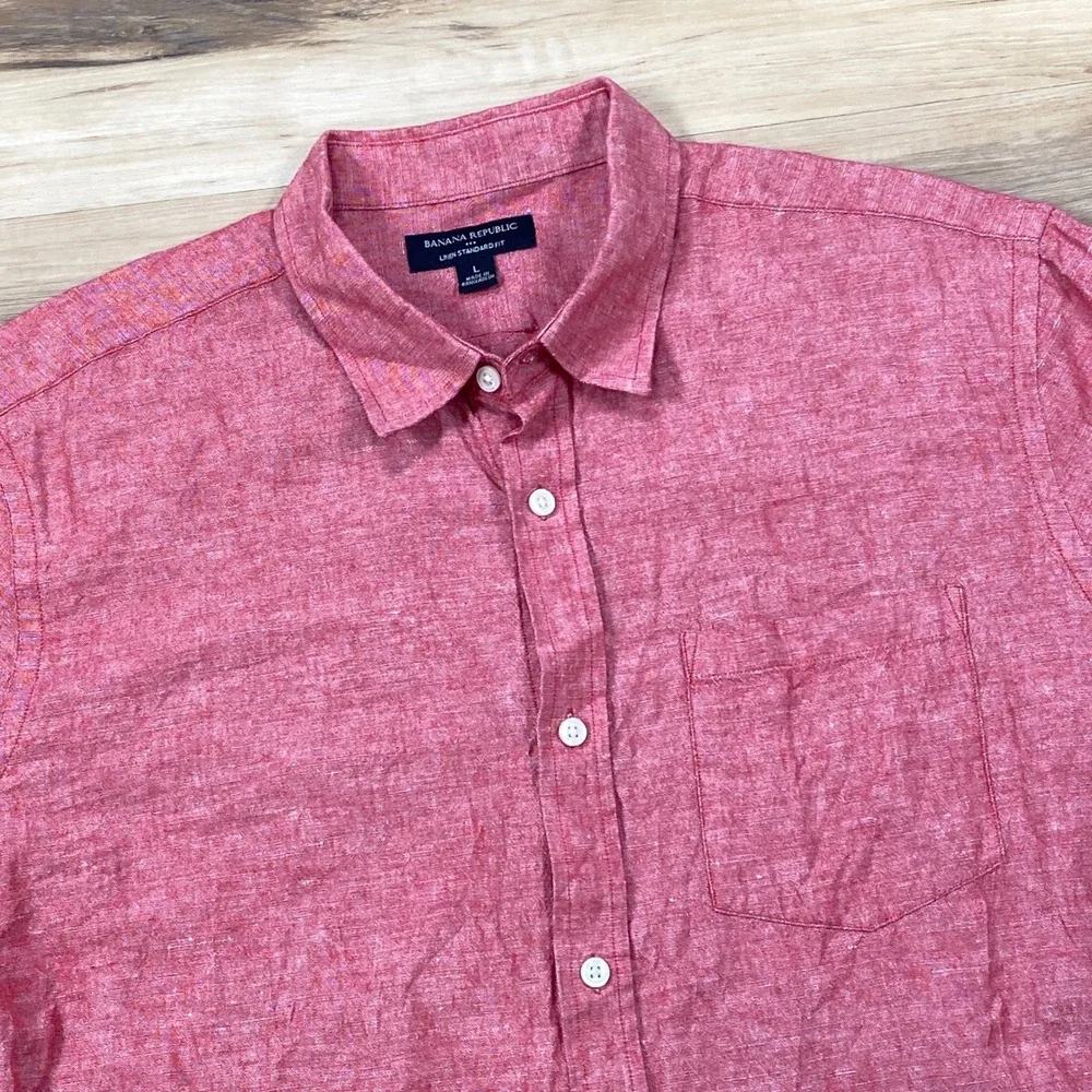 Banana Republic Shirt Mens L Linen Cotton Standard Fit Short Sleeve Red Summer
